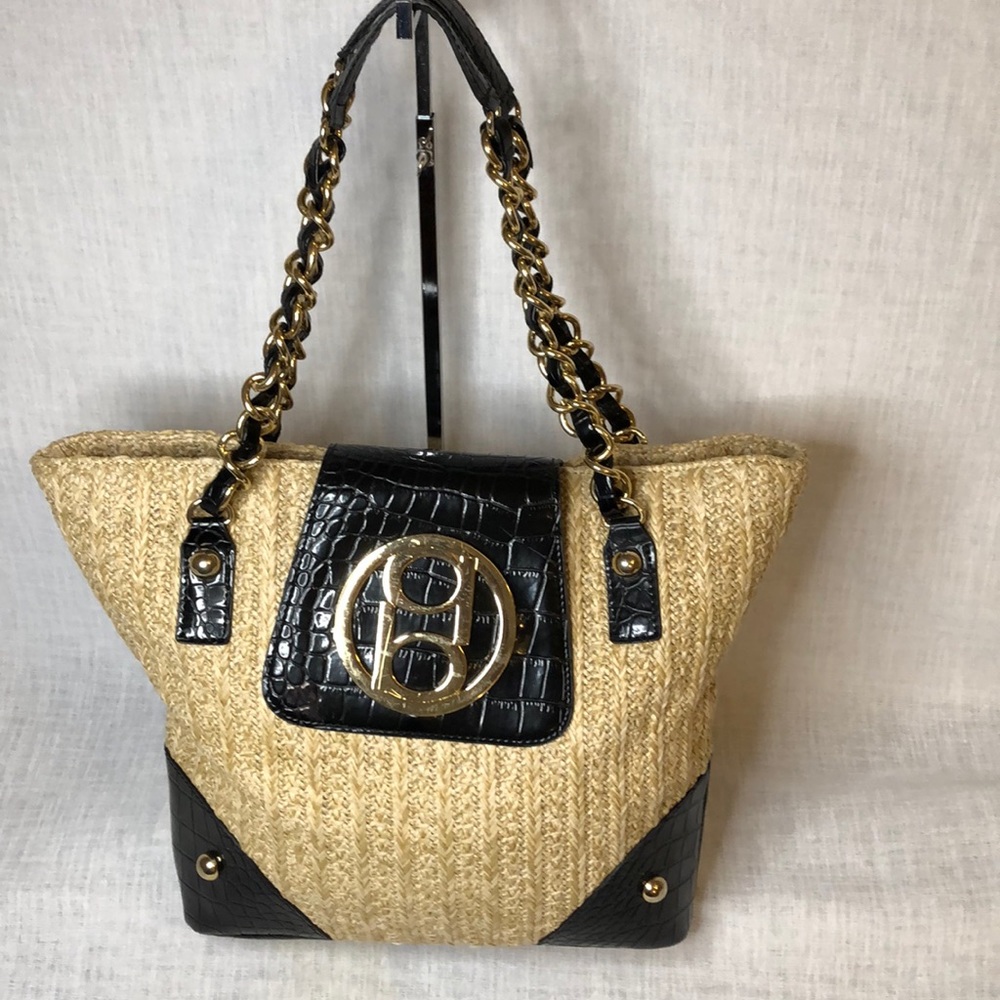 NEDA BEBE WOVEN BLACK PATENT LEATHER SATCHEL